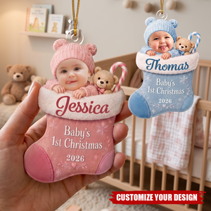 Personalized Baby 1st Christmas Red Stocking Acrylic Ornament