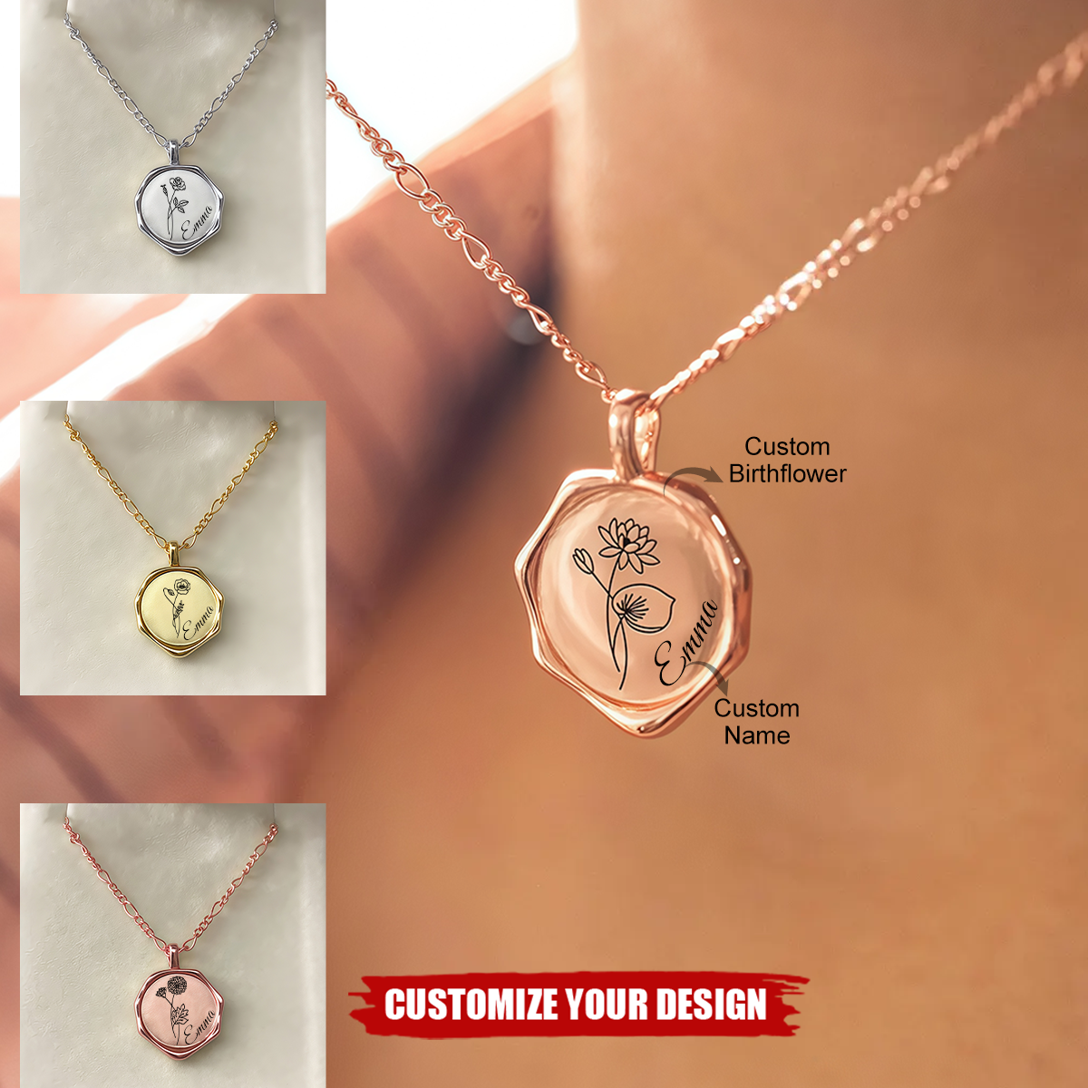 Personalized Birth Flower Name Necklace, Gifts for Her