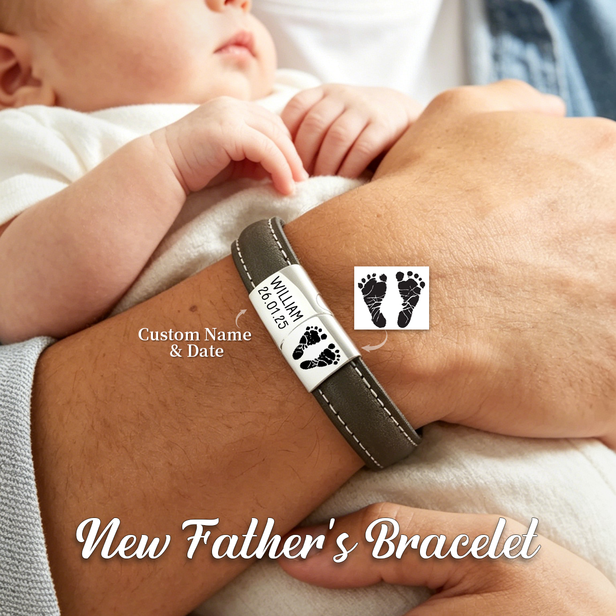 Custom Baby Handprint Footprint Bracelet, First Father’s Day Gift, Baby Shower Gift