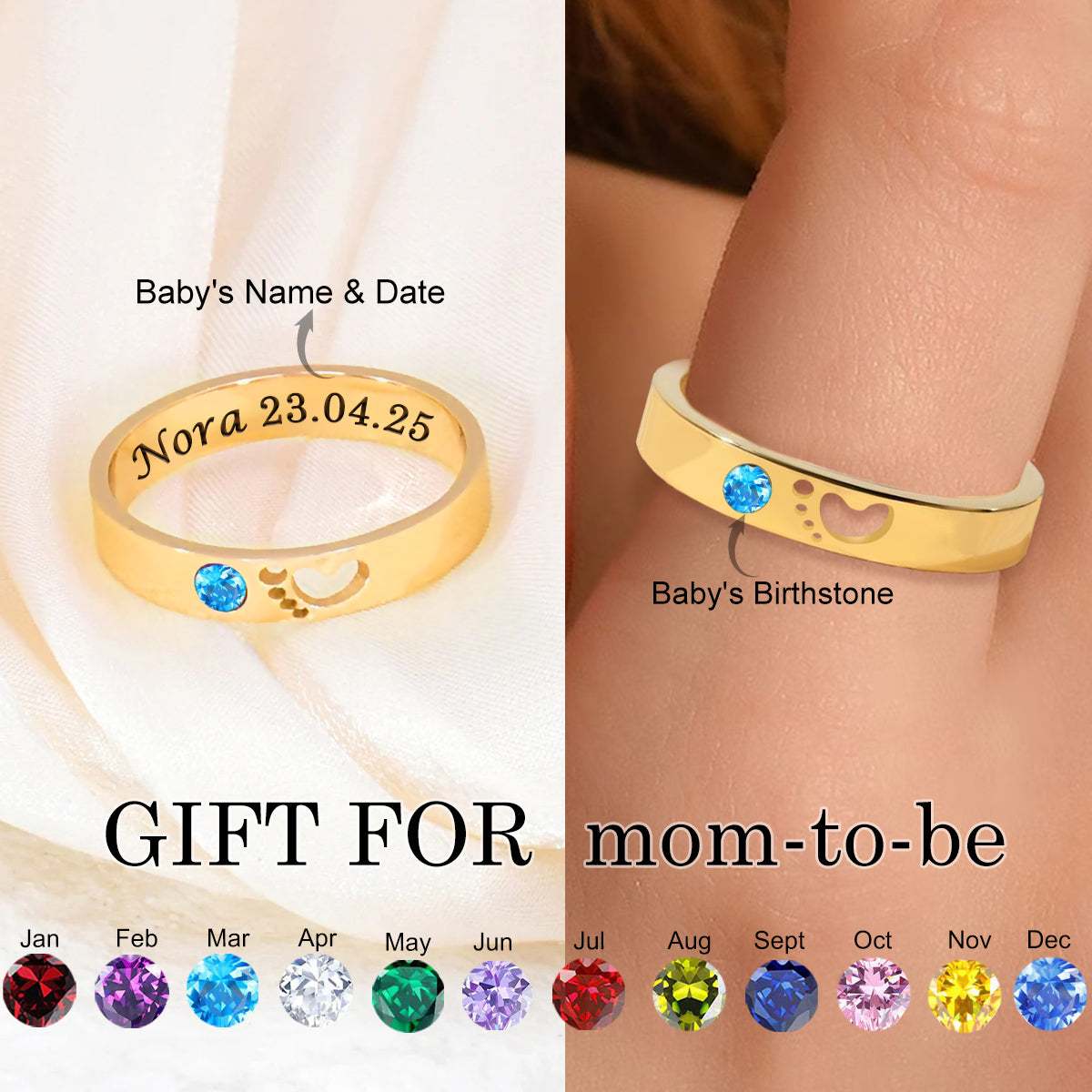 Personalized Name Date Memorial Ring With Birthstone, New Mother's Gift