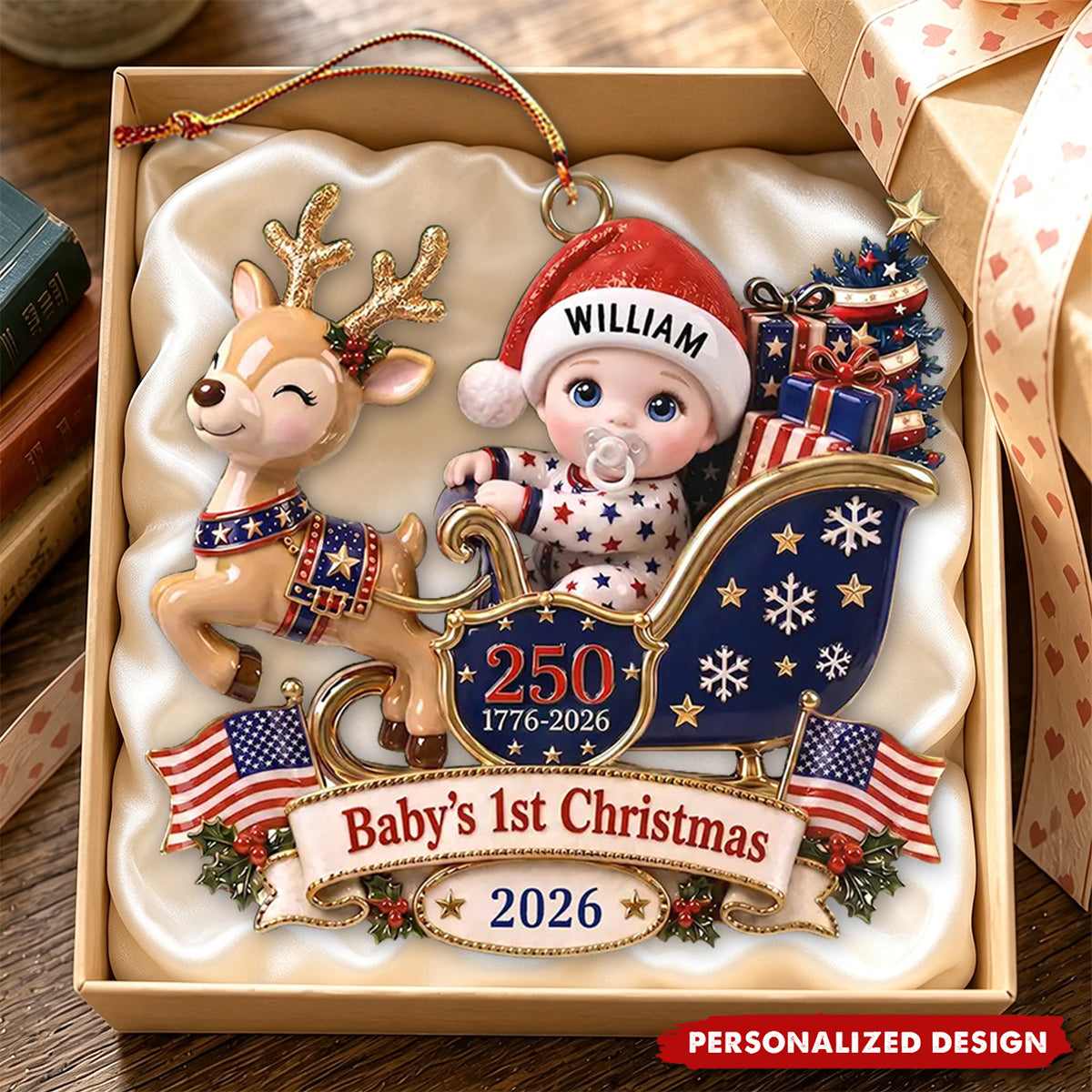 Baby's 1st Christmas In Sleigh America 250th Anniversary - Personalized Custom Shaped Acrylic Ornament