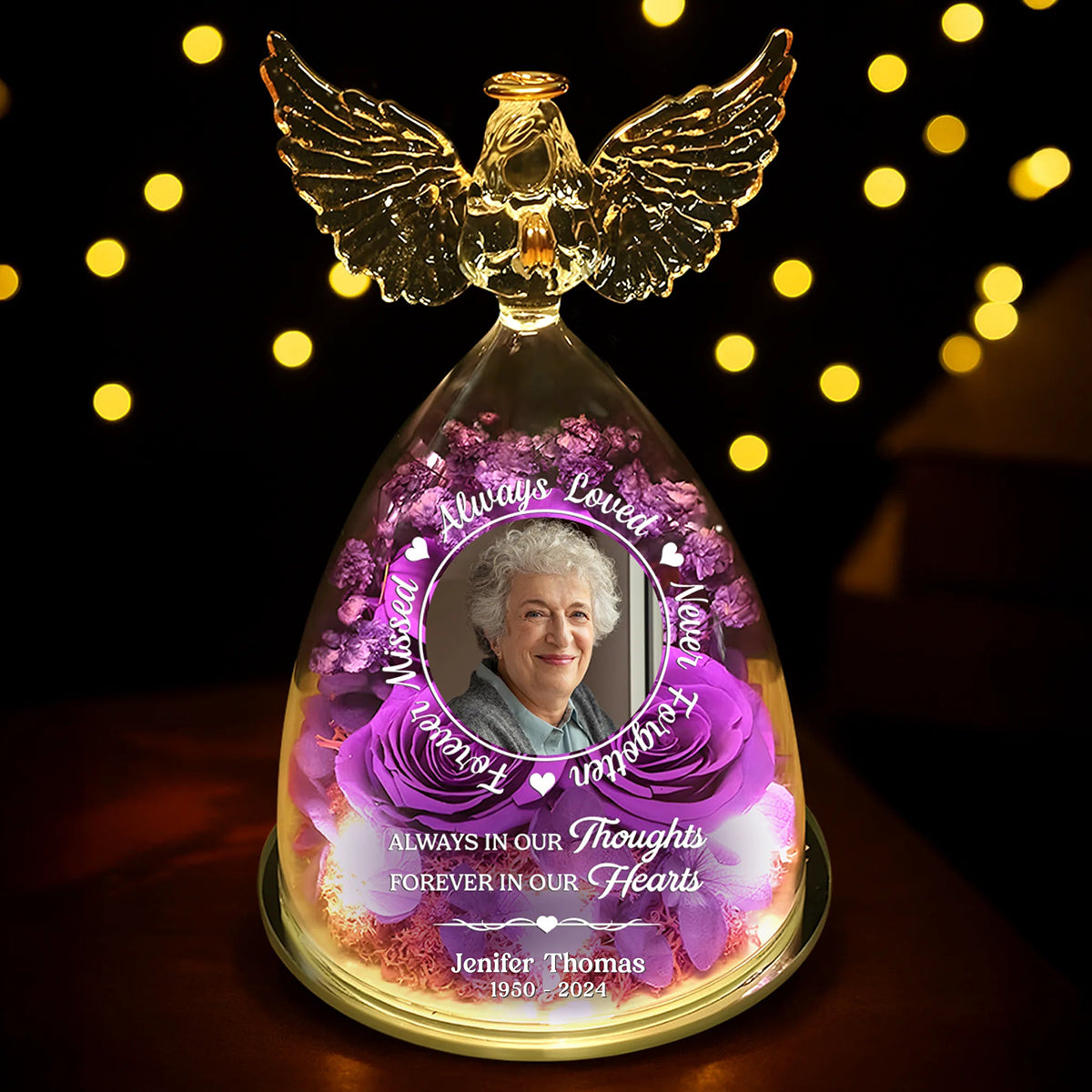 Always In Our Thought - Personalized Photo Angel Dome With Preserved Flowers