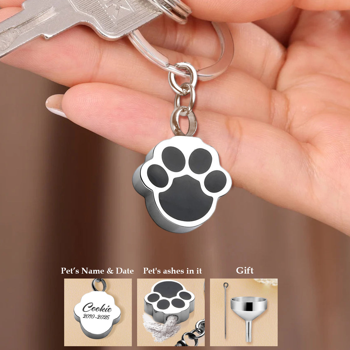 Personalized Pet Ashes Urn Memorial Keychain, Dog Paw Print Cremation Keepsake
