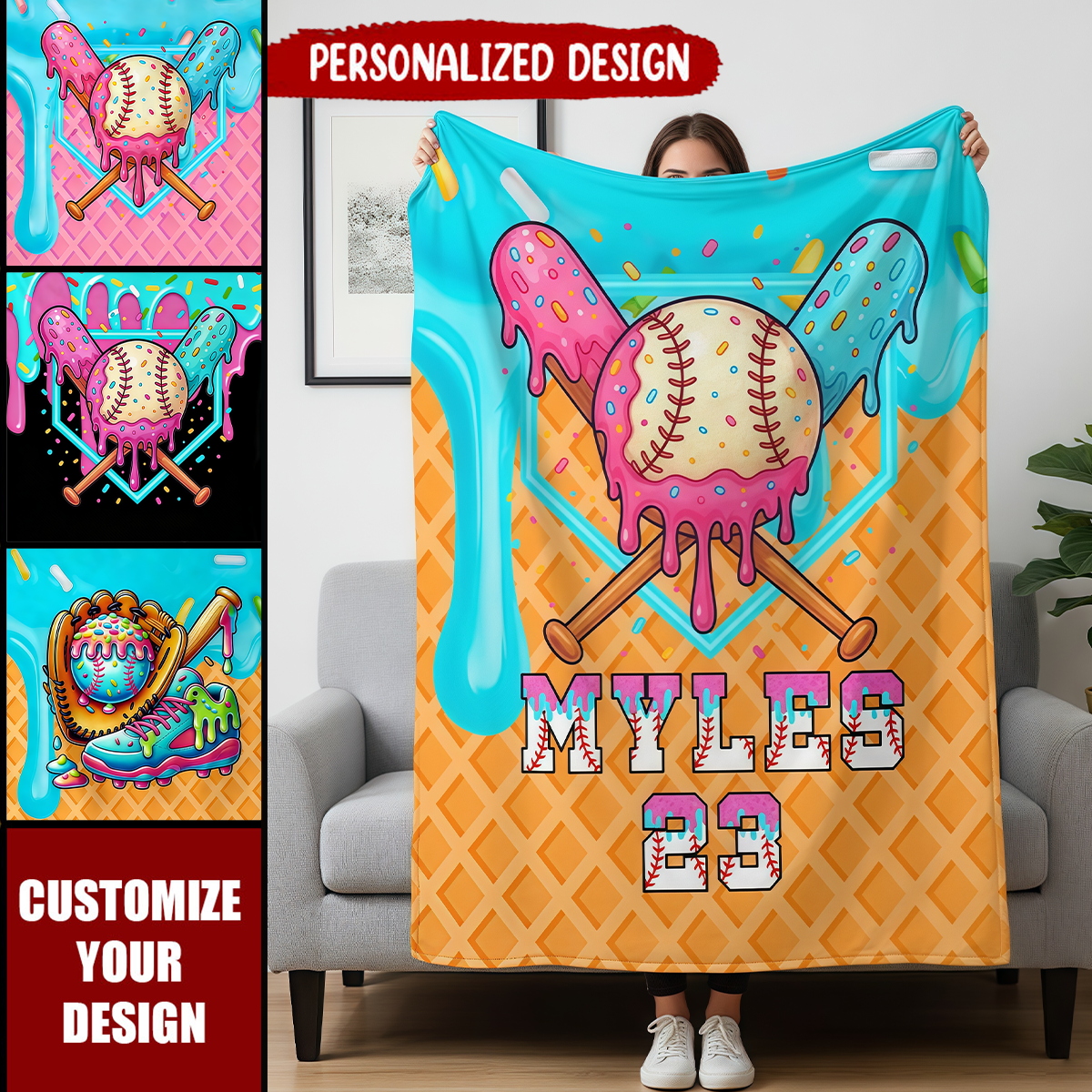 Personalized Ice Cream Drip Baseball Blanket