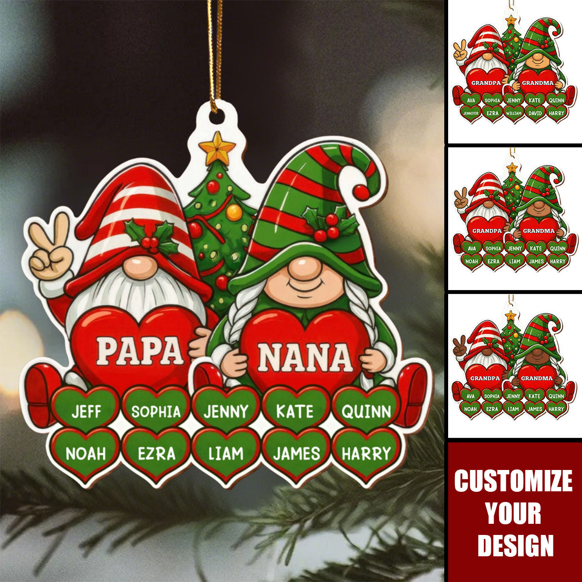 Christmas Tree And Hearts - Custom Wood Ornament For Grandparents