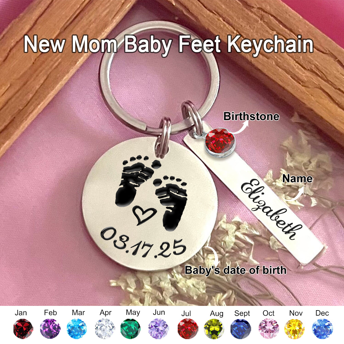 Personalized Baby Feet Birthstone Keychain,  Gift for New Mom