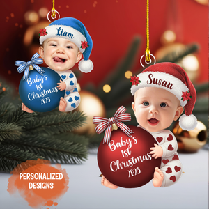 3D Effect Cute Baby Beside Christmas Bauble, Baby's 1st Christmas Personalized Ornament