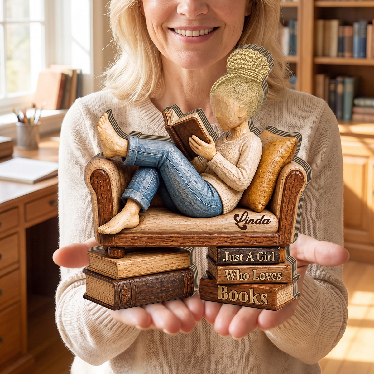 Personalized Wooden Book Lover Block, Just A Girl Boy Who Loves Books