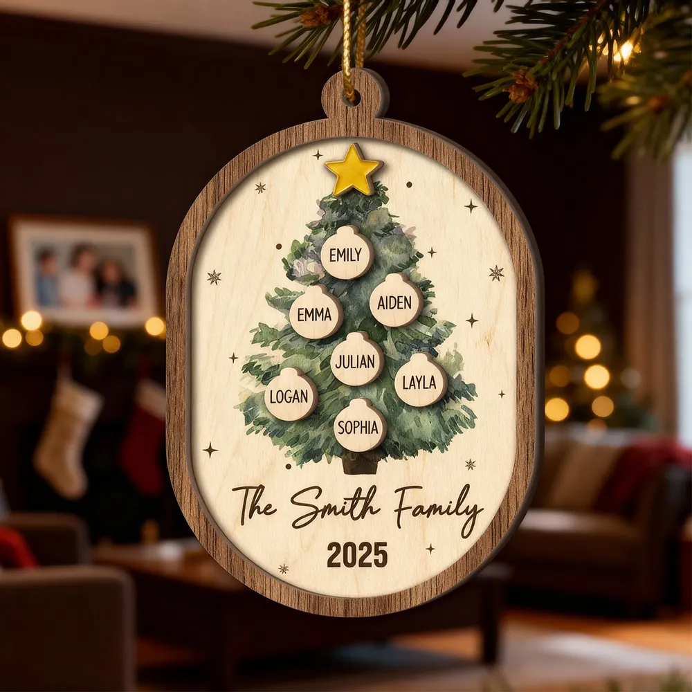 Rustic Watercolor Christmas Tree Family Names - Personalized 2-Layered Wooden Ornament