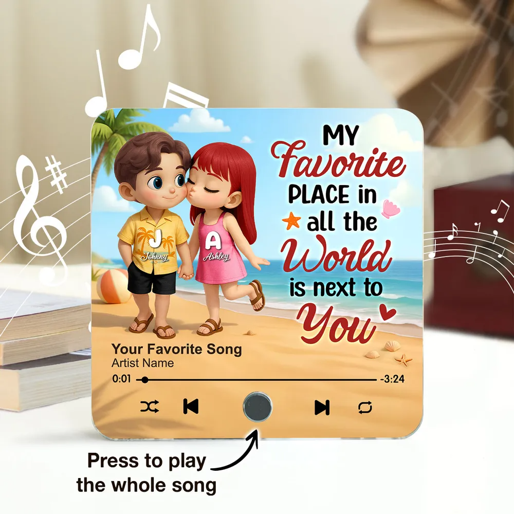 My Favorite Place in All the World is Next to You, Summer Cartoon Couple Personalized Music Fridge Magnet