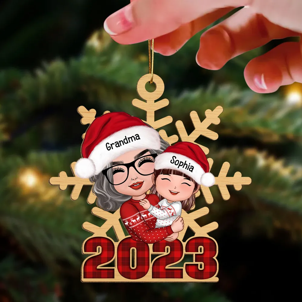 Doll Grandma Hugging Grandkid Snowflake Checkered 2023 Personalized Wooden Ornament