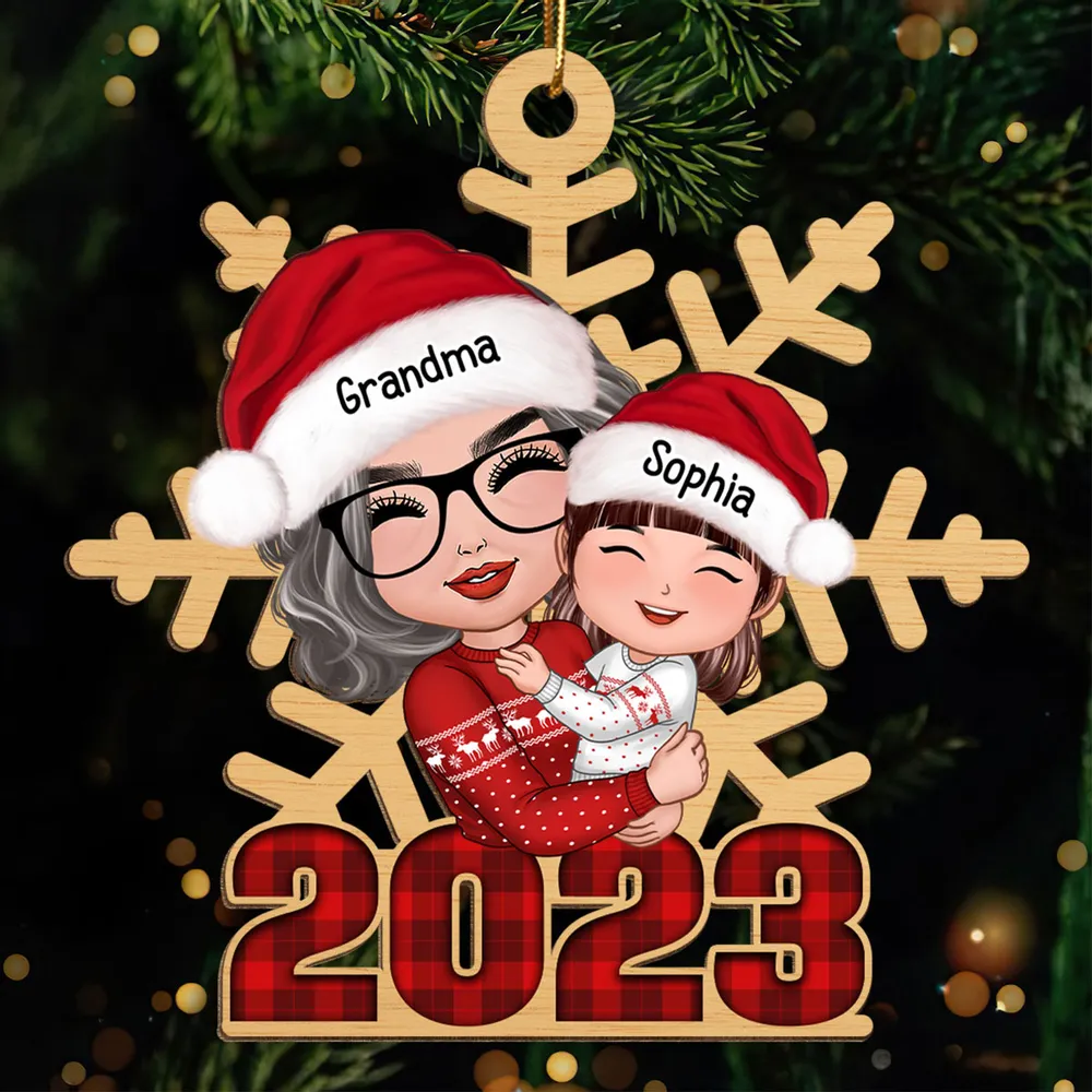 Doll Grandma Hugging Grandkid Snowflake Checkered 2023 Personalized Wooden Ornament