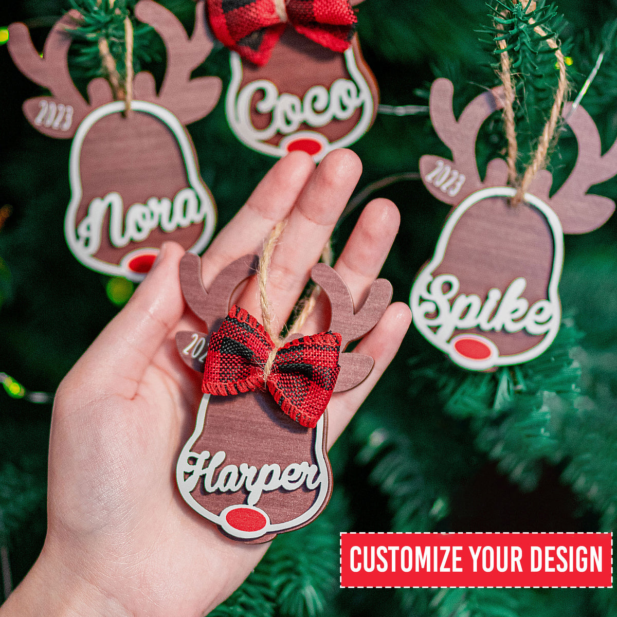 Rudolph Reindeer Custom Kids' Names Personalized 2 Layers Wooden Ornament With Bow