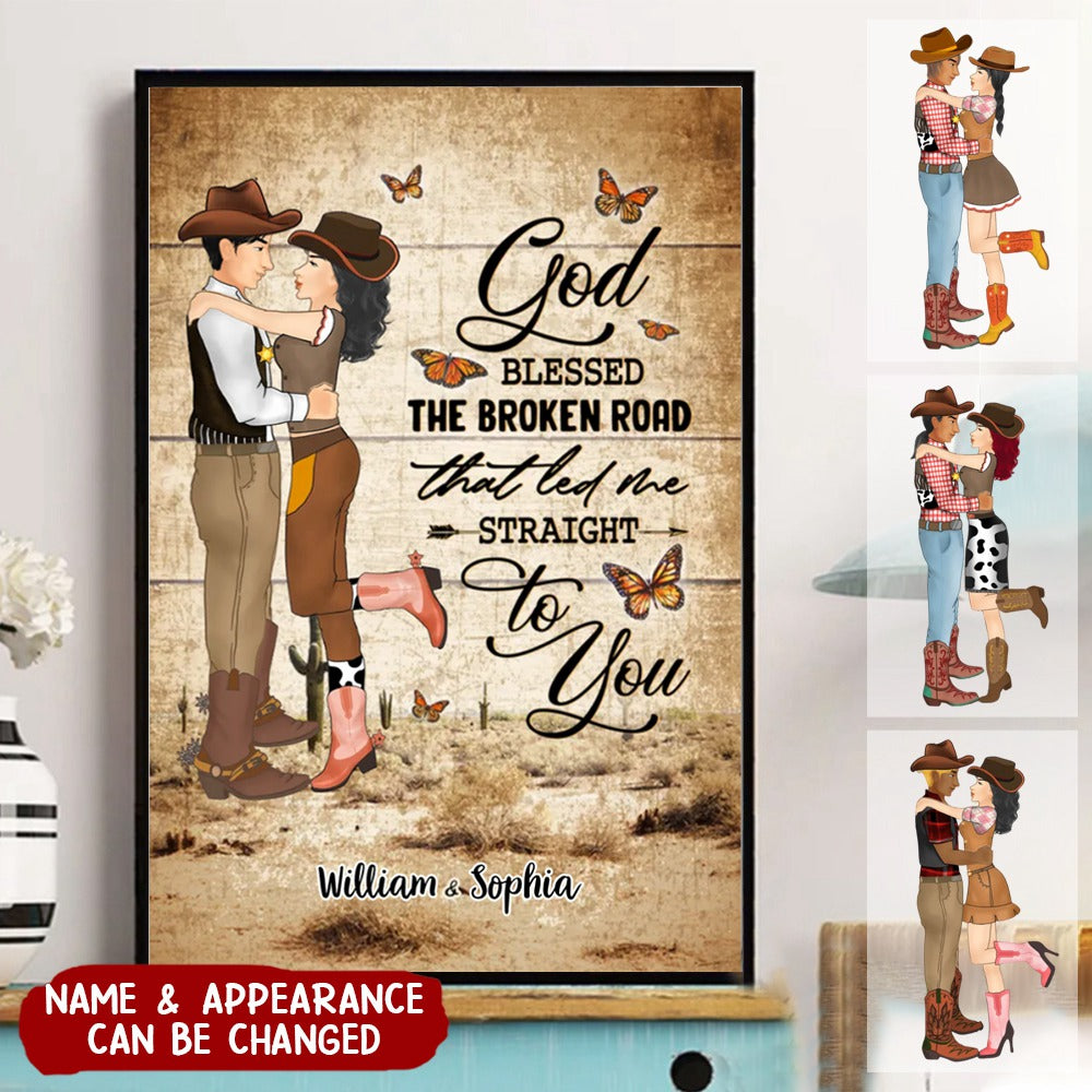Personalized Couple Cowboy And Cowgir God Blessed The Broken Road That Led Me Straight To You Canvas Prints
