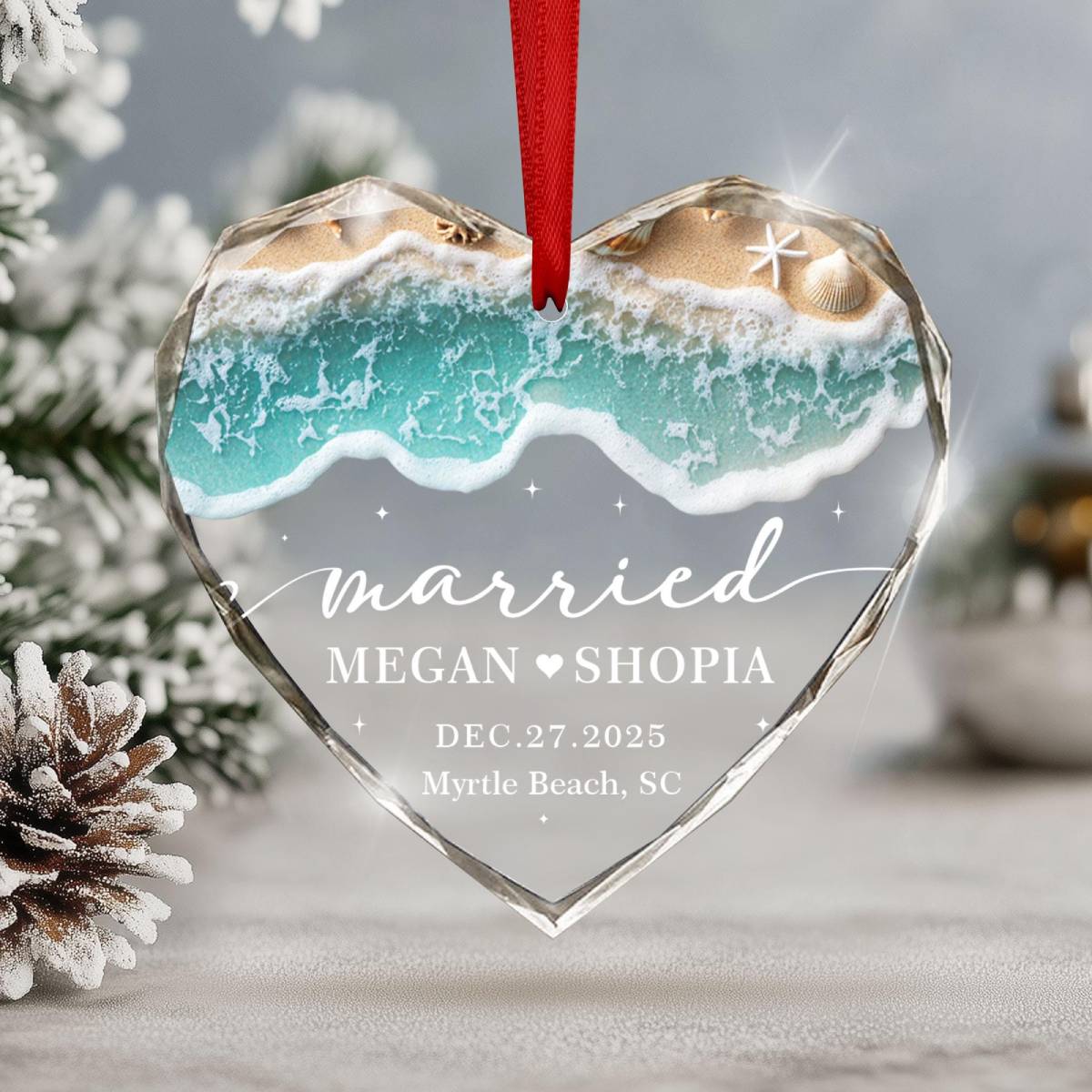 Personalized Beach Married Ornament, Couples First Christmas Wedding Gift