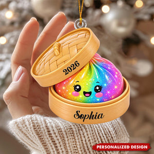 Personalized Glitter Dumpling Ornament, Bamboo Steamer, 2026 Xmas Keepsake