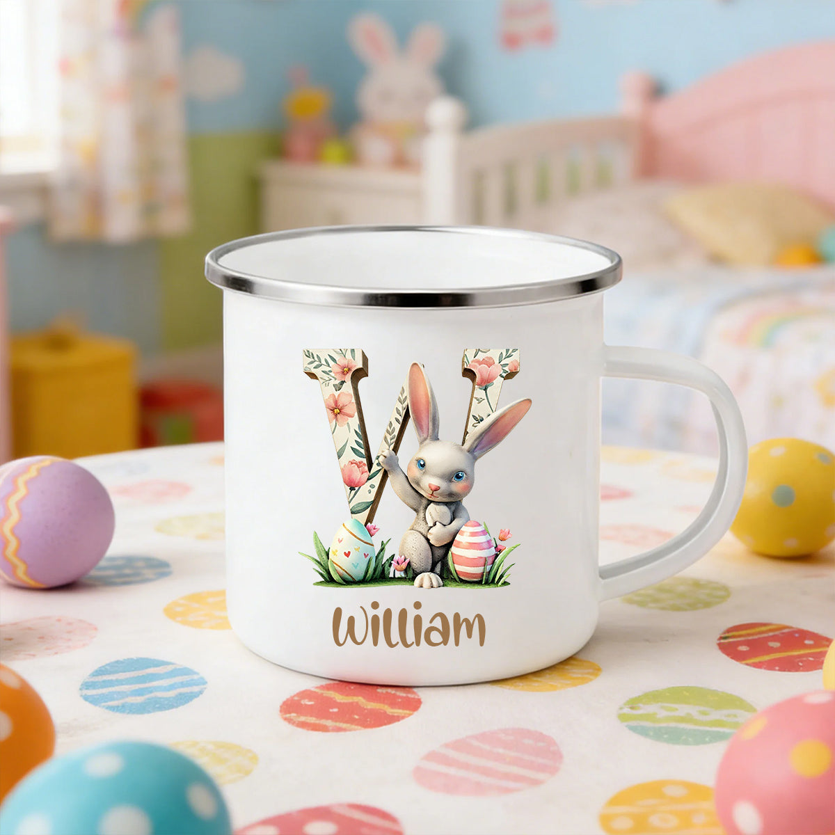Personalized Name Rabbit Floral Letter Wooden Easter Enamel Mug - Children's Easter Gift