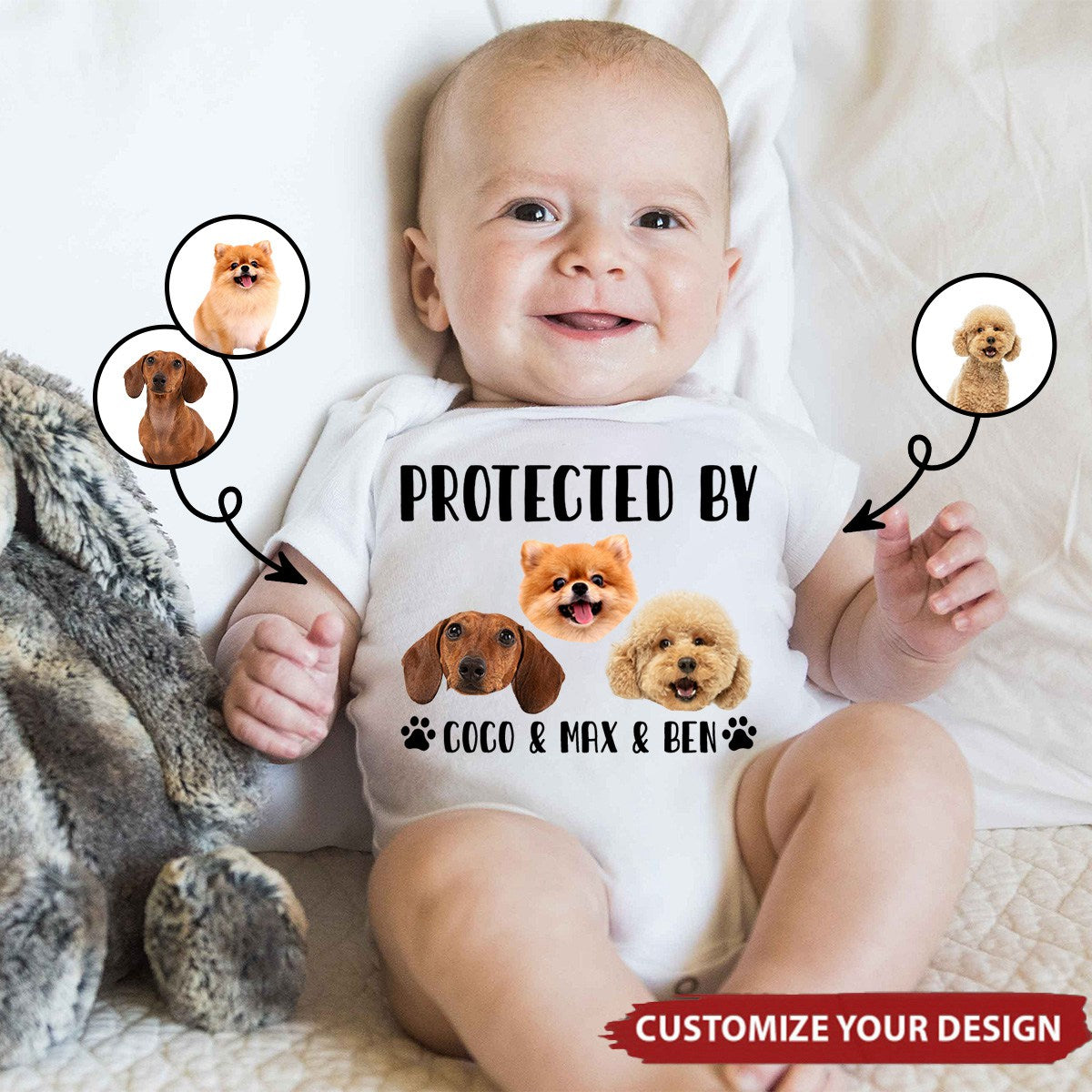 Protected By Dogs Personalized Baby Onesie, Baby Shower Gift