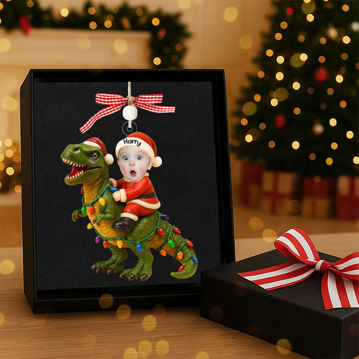 Baby's First Christmas - Custom Photo Santa Riding Dinosaur Ornament