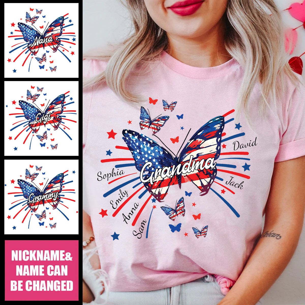 Grandma Grandkids Butterfly Flag Star And 4th of July Personalized T-Shirt