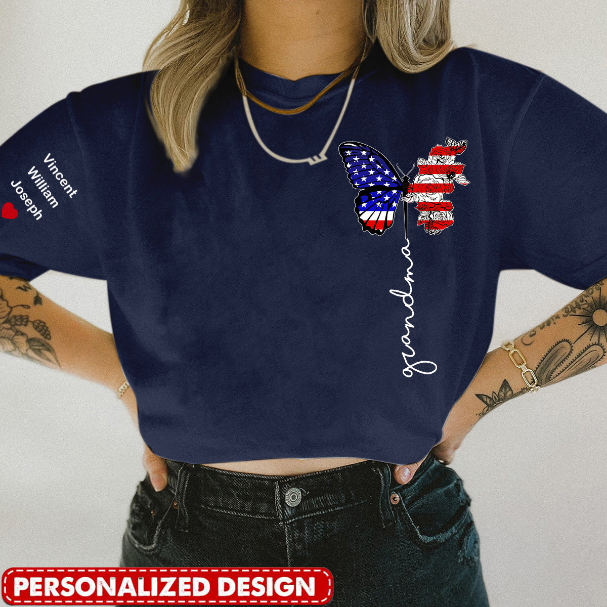 Gift For Mom Grandma 4th Of July Personalized USA Flag Butterfly T-shirt