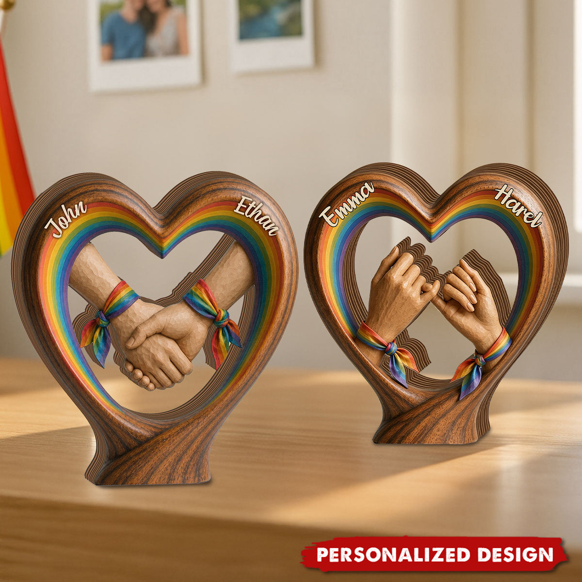 Personalized LGBTQ Wooden Heart Plaque, Rainbow Hand Holding Decor Gift