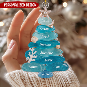 Custom Coastal Family Ornament 2026, Personalized Sea Glass Style Christmas Gift