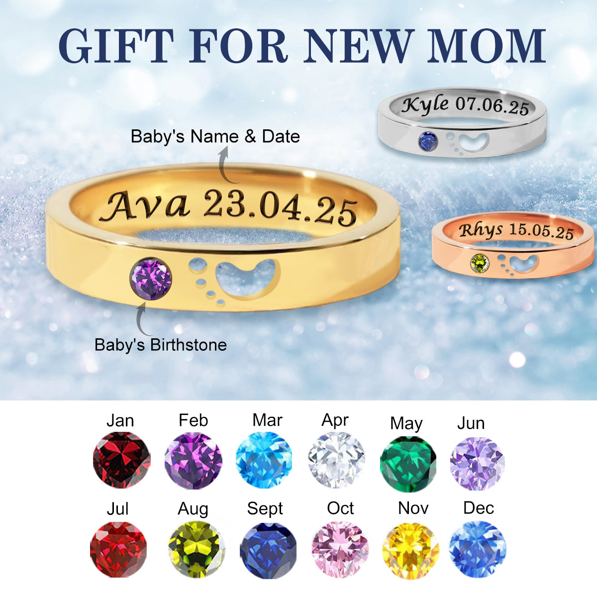 Personalized Name Date Memorial Ring With Birthstone, New Mother's Gift