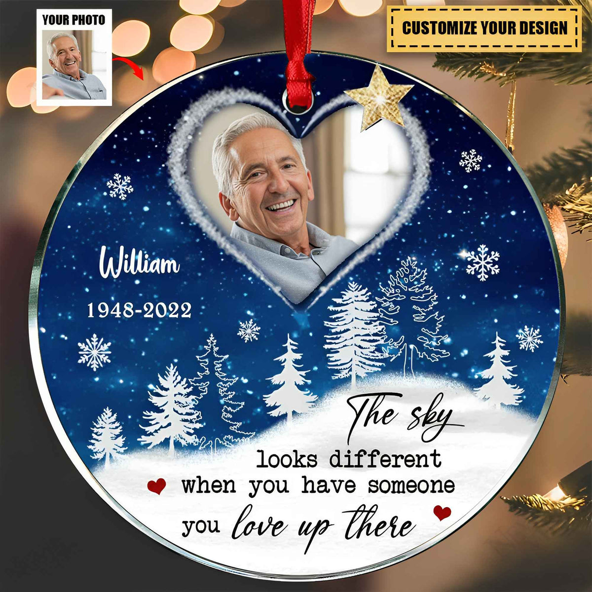 Sparkling Upload Photo Heart Heaven, The Sky Looks Different When Someone You Love Up There Personalized Ornament