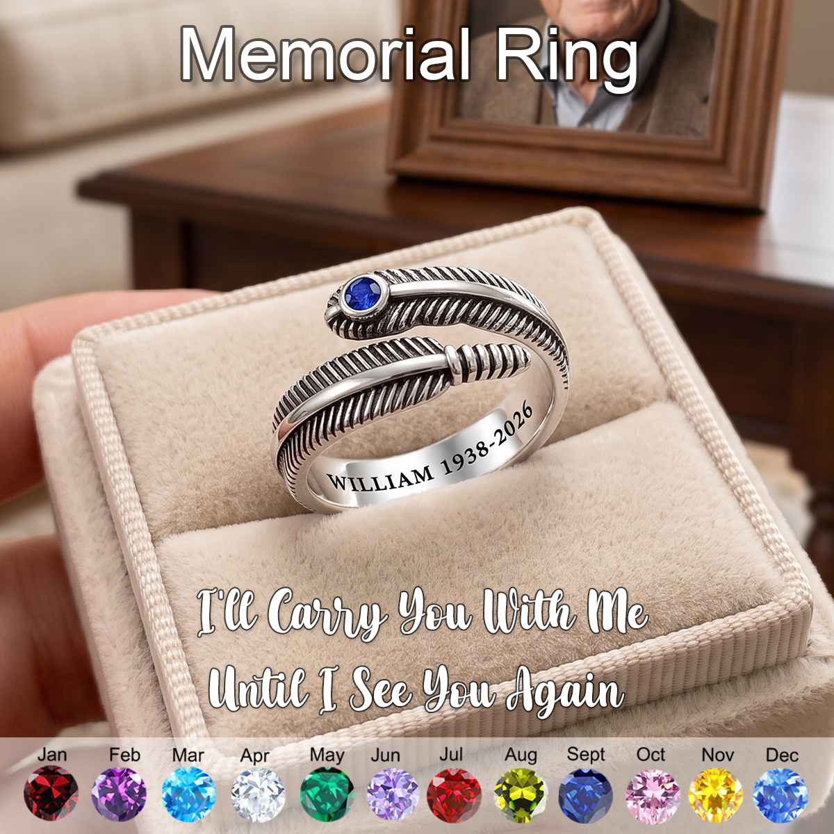 Always In My Heart, Personalized Feather Birthstone Ring
