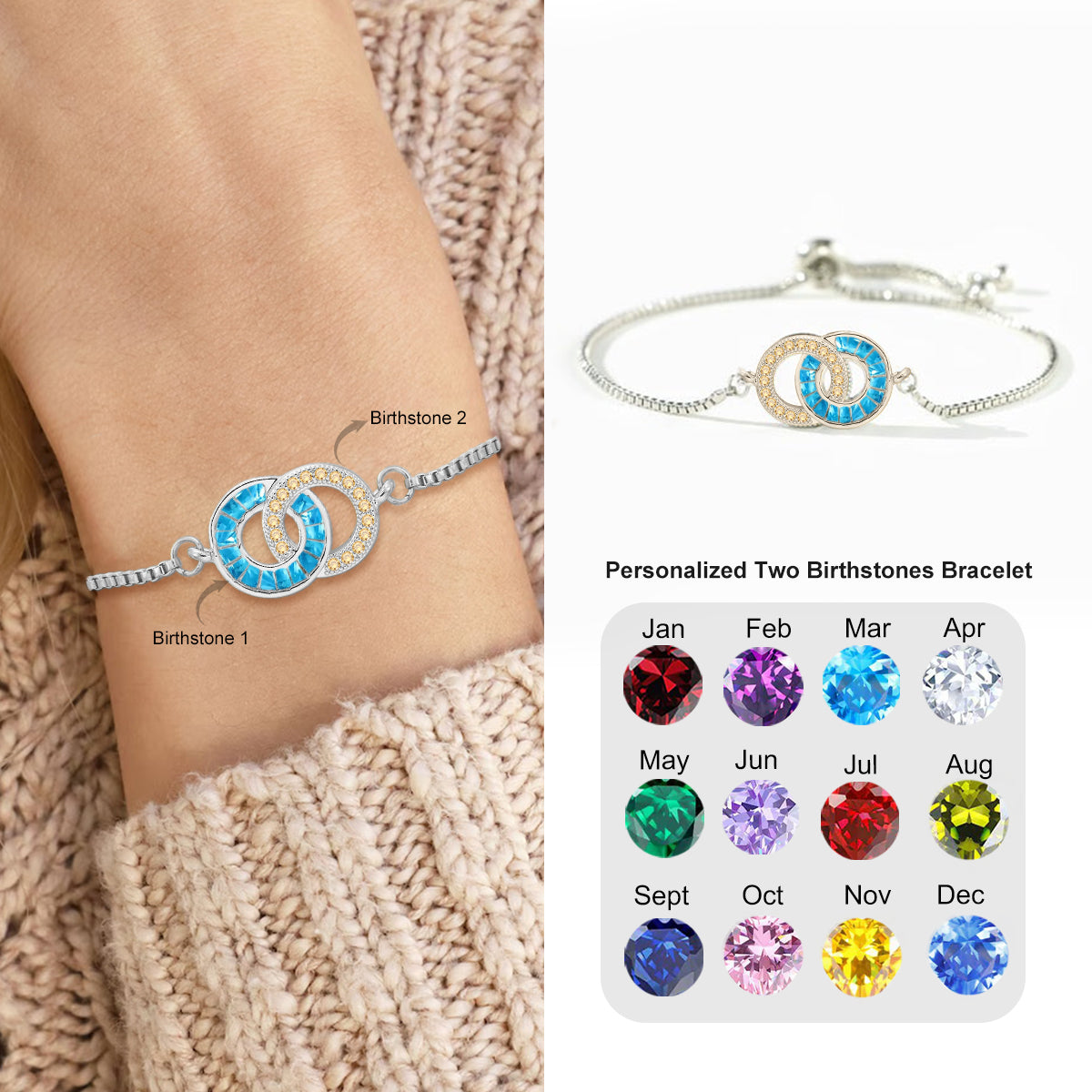 Personalized Double Circle Birthstone Couple Bracelet-A Gift For Her