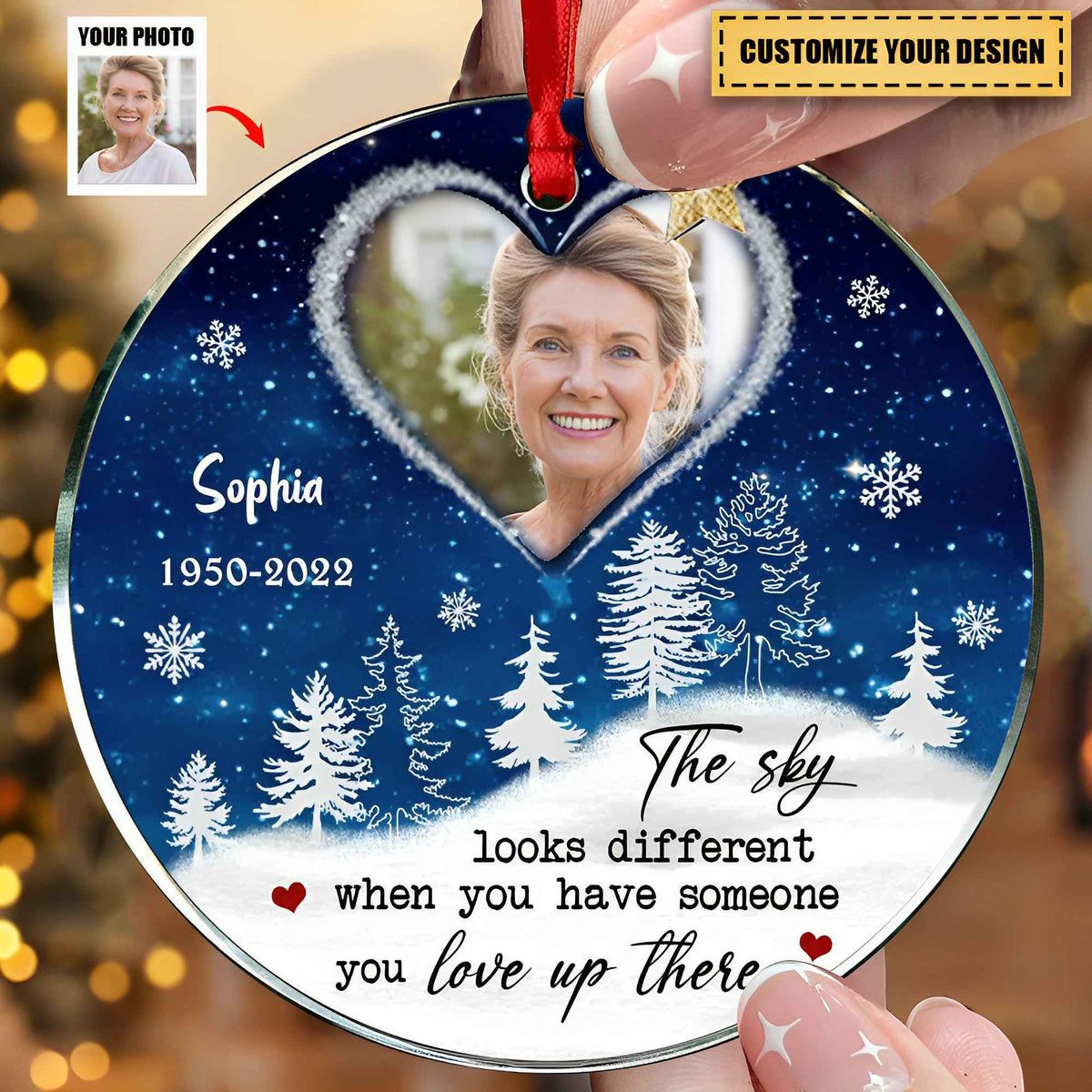 Sparkling Upload Photo Heart Heaven, The Sky Looks Different When Someone You Love Up There Personalized Ornament