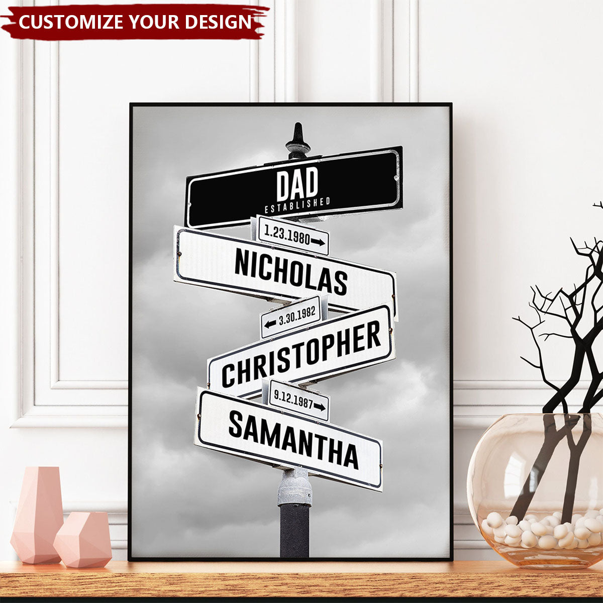 Personalized Dad Established, Kid Birth Date Name Street Sign Canvas Wall Art