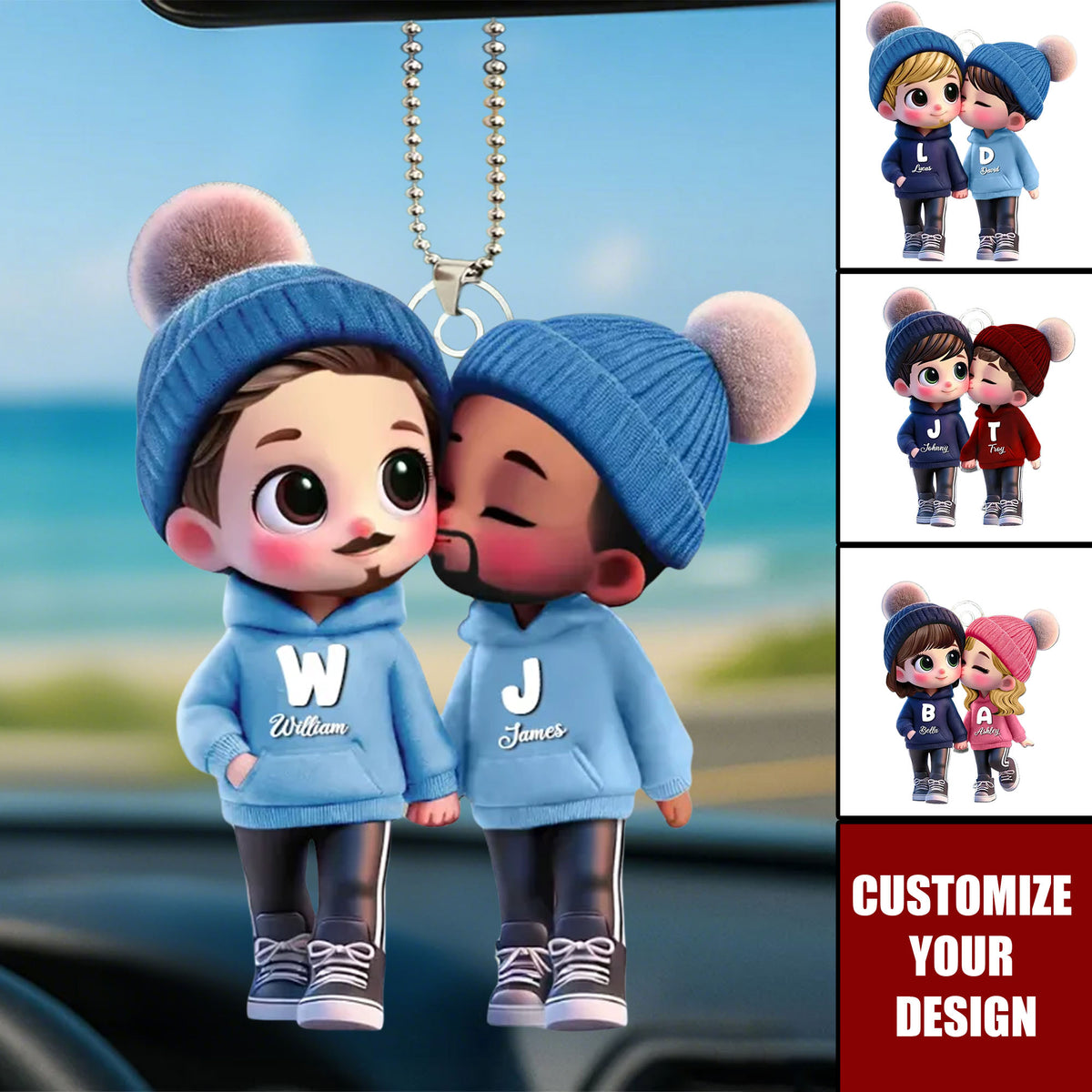 3D Effect Cute LGBTQ Cartoon Couple Summer Vibe Personalized Acrylic Car Ornament
