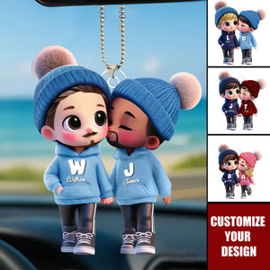 3D Effect Cute LGBTQ Cartoon Couple Summer Vibe Personalized Acrylic Car Ornament