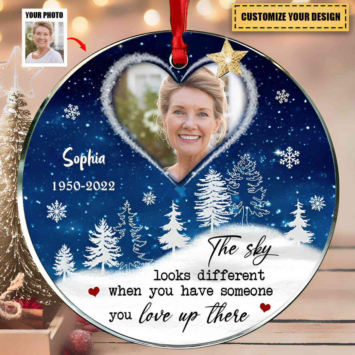 Sparkling Upload Photo Heart Heaven, The Sky Looks Different When Someone You Love Up There Personalized Ornament