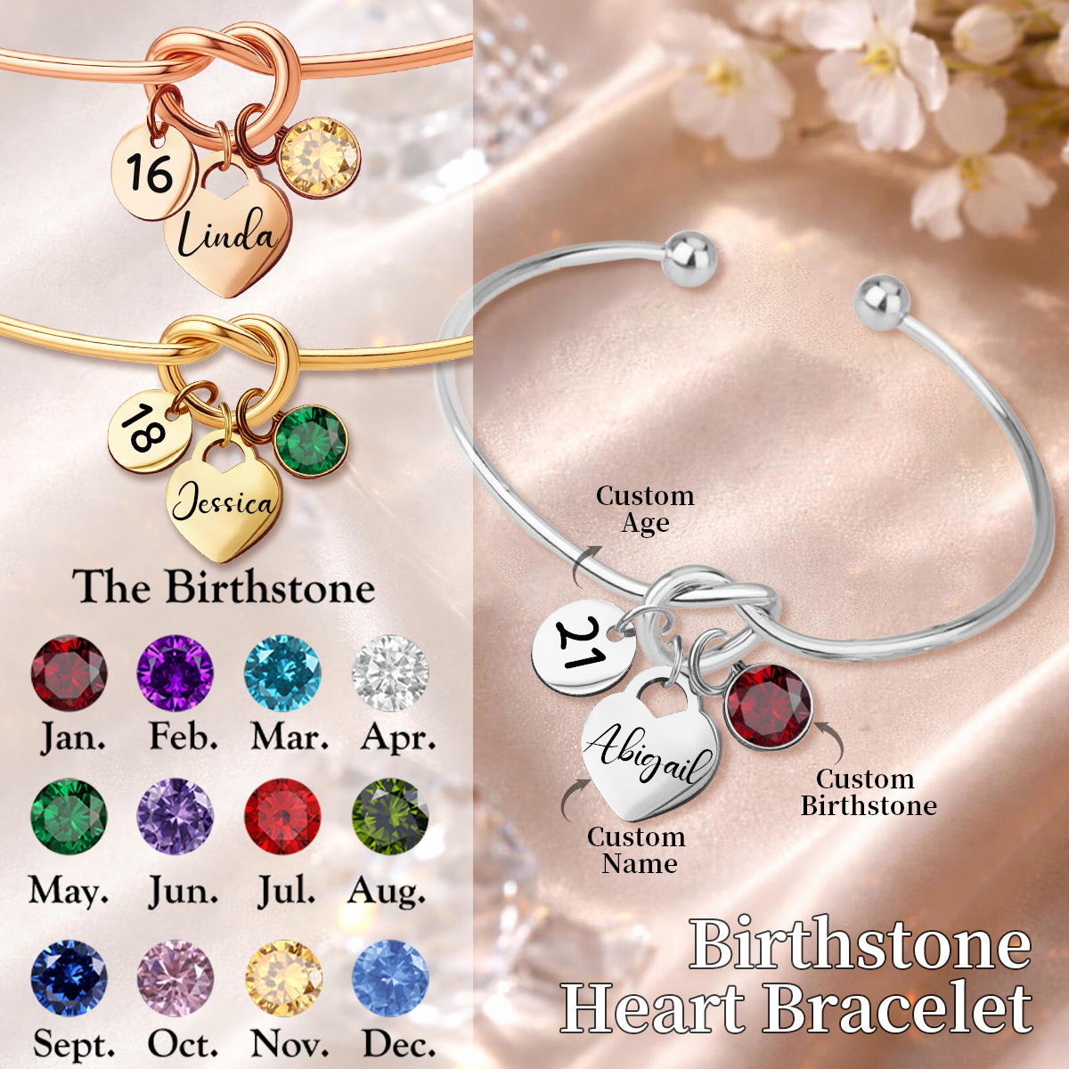 Personalized Birthstone Heart Bracelet, Milestone Birthday Gift