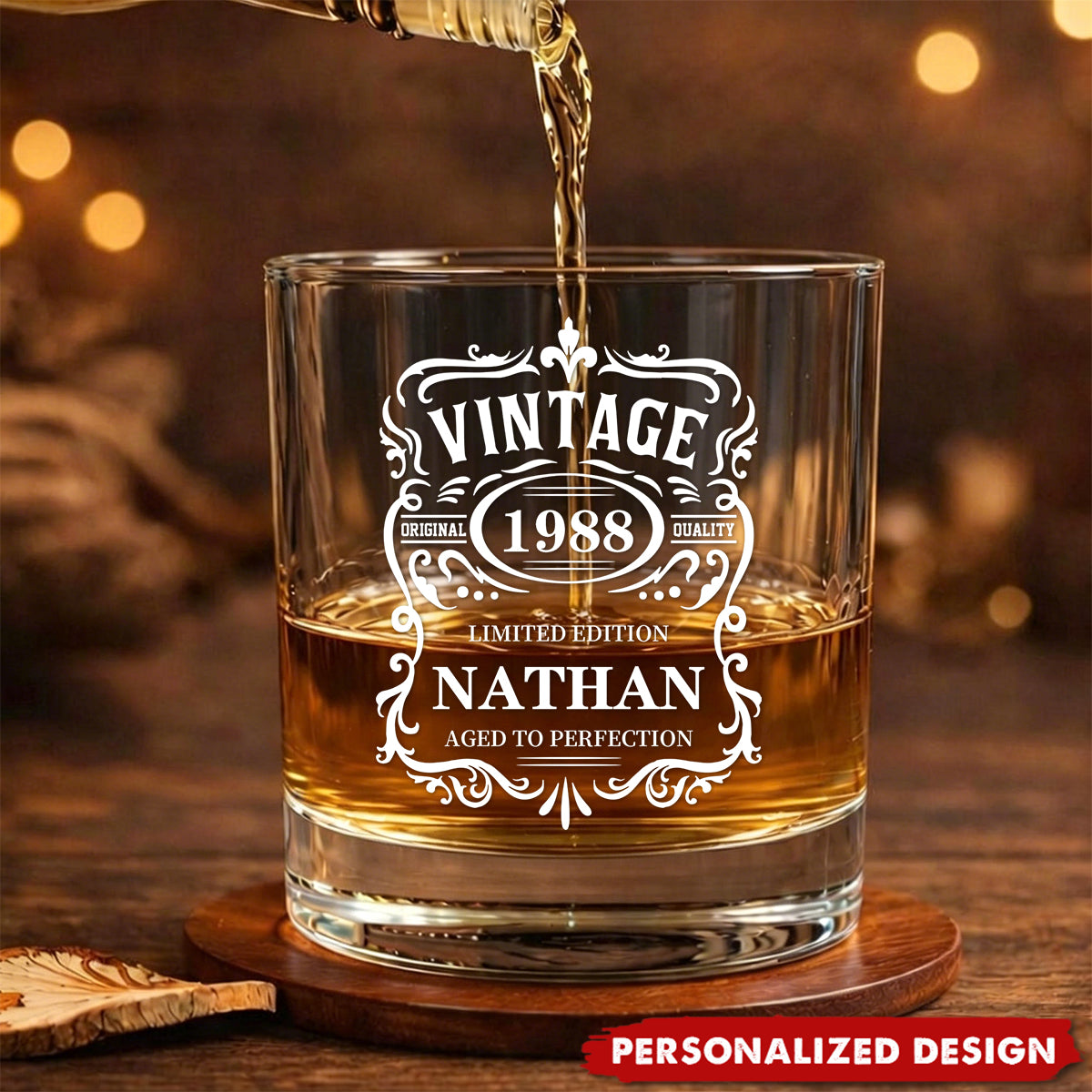 Vintage Aged To Perfection Whiskey Glass, Personalized Rocks Glass
