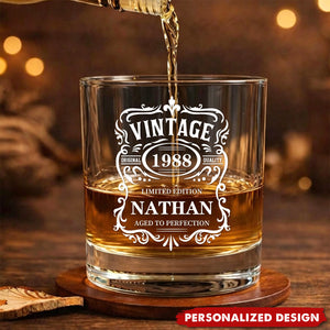 Vintage Aged To Perfection Whiskey Glass, Personalized Rocks Glass
