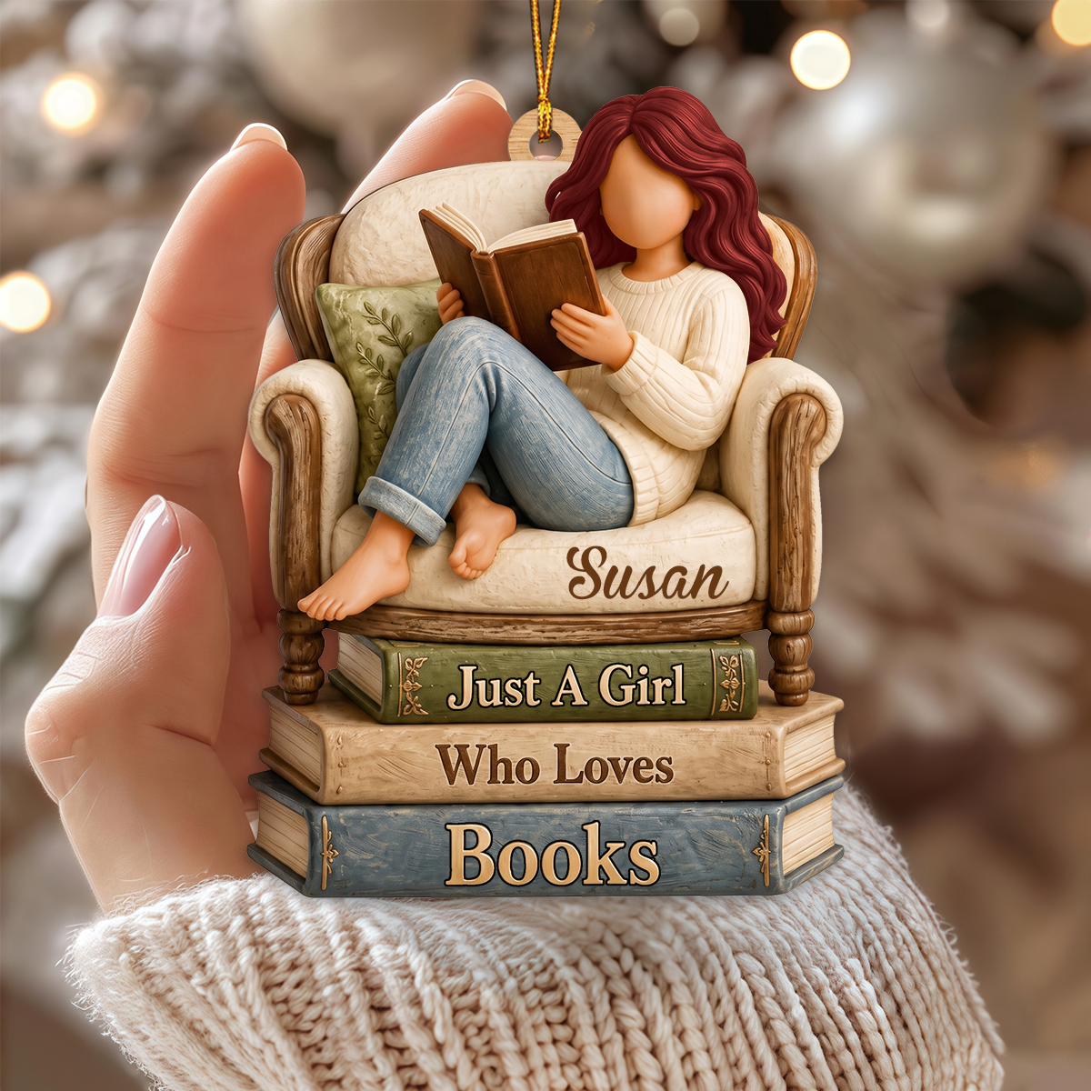 Personalized Girl Reading Book Ornament, Book Lover Christmas Ornament