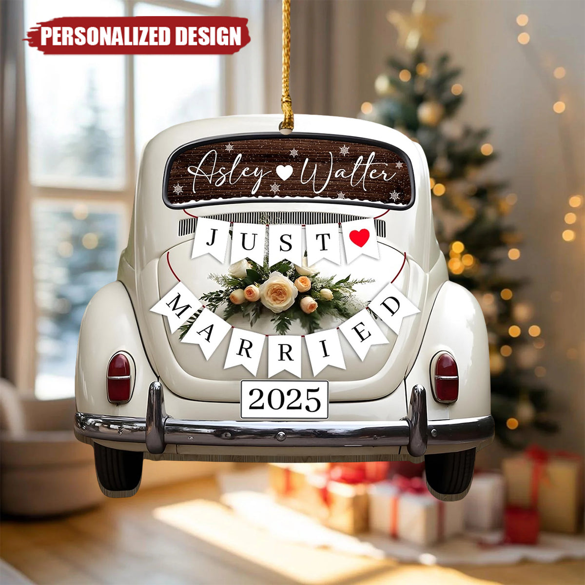 Personalized Just Married Car Ornament, Newlywed Gift for Couple