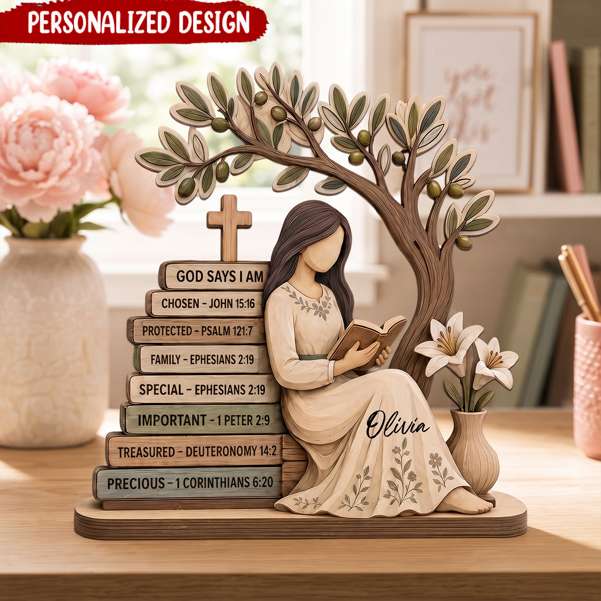 Personalized God Says I Am Wooden Block, Christian Bible Verse Decor