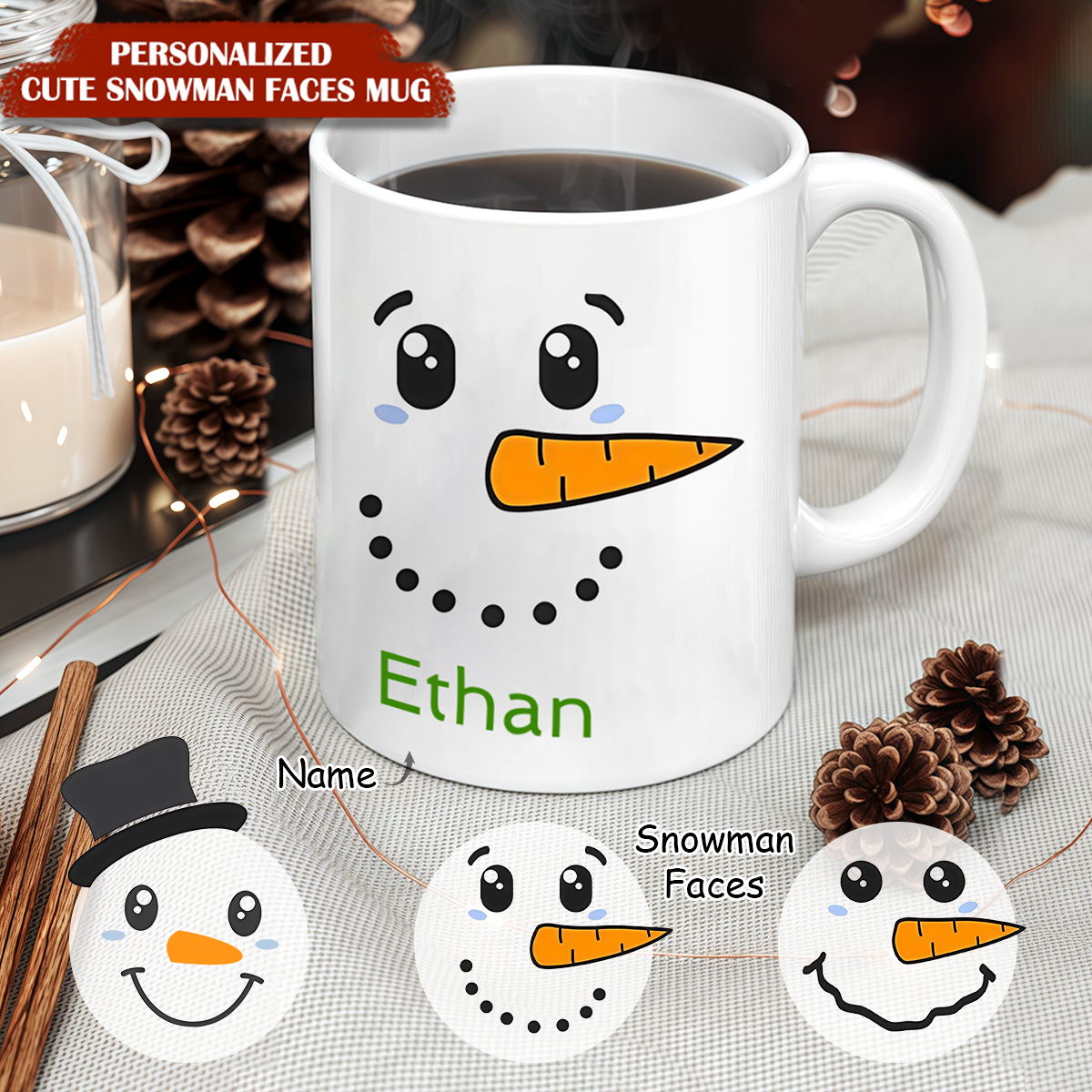 Personalized Cute Snowman Faces Mug, Gift For Christmas Holidays