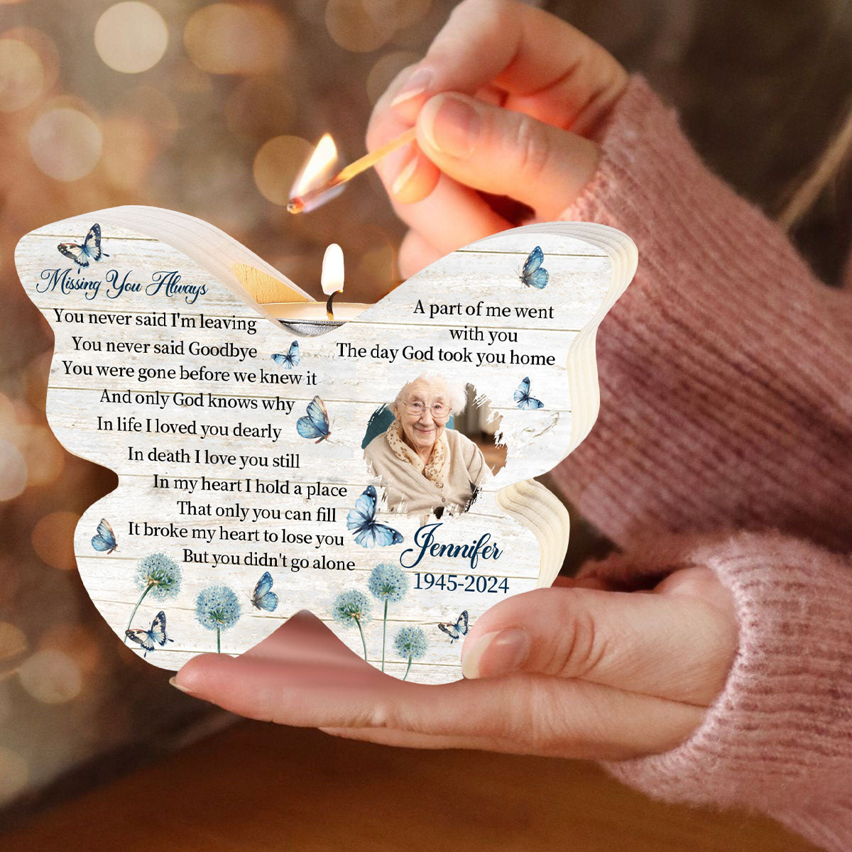 Personalized Butterfly Memorial Wooden Candle Holder With Photo & Name & Date