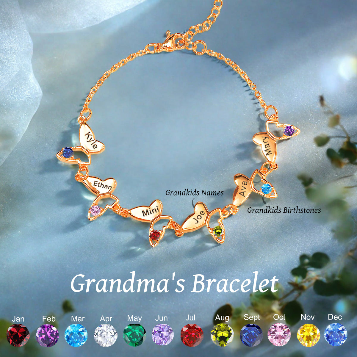 Personalized Butterfly Name Birthstone Bracelet For Mom Grandma