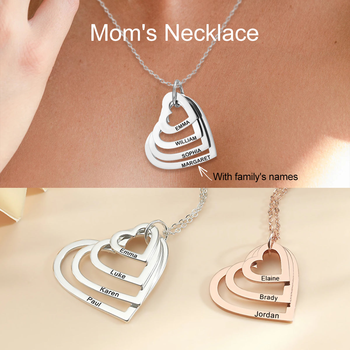 Personalized Heart Name Necklace, Mom's Necklace With Family's Names