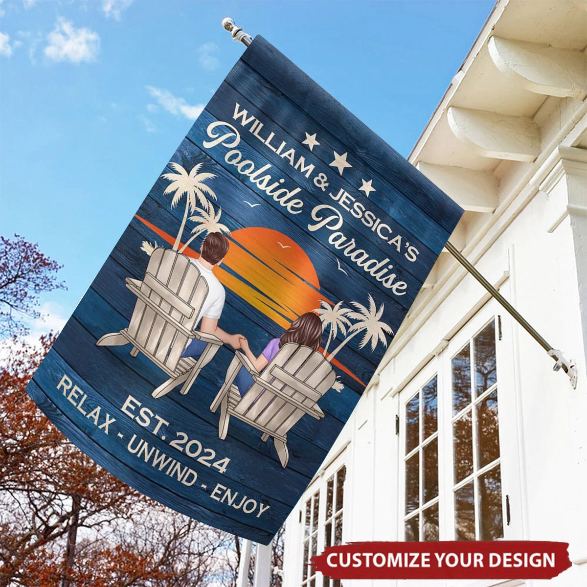 Swimming Pool Zone Decor Couple Sitting Personalized Flag