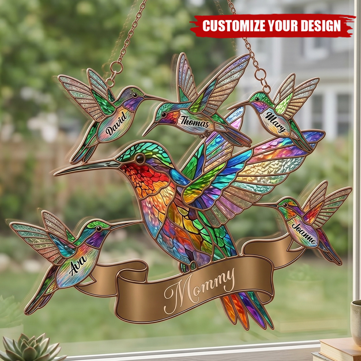 Personalized Colorful Hummingbird Family Acrylic Suncatcher – Custom Grandma Gift