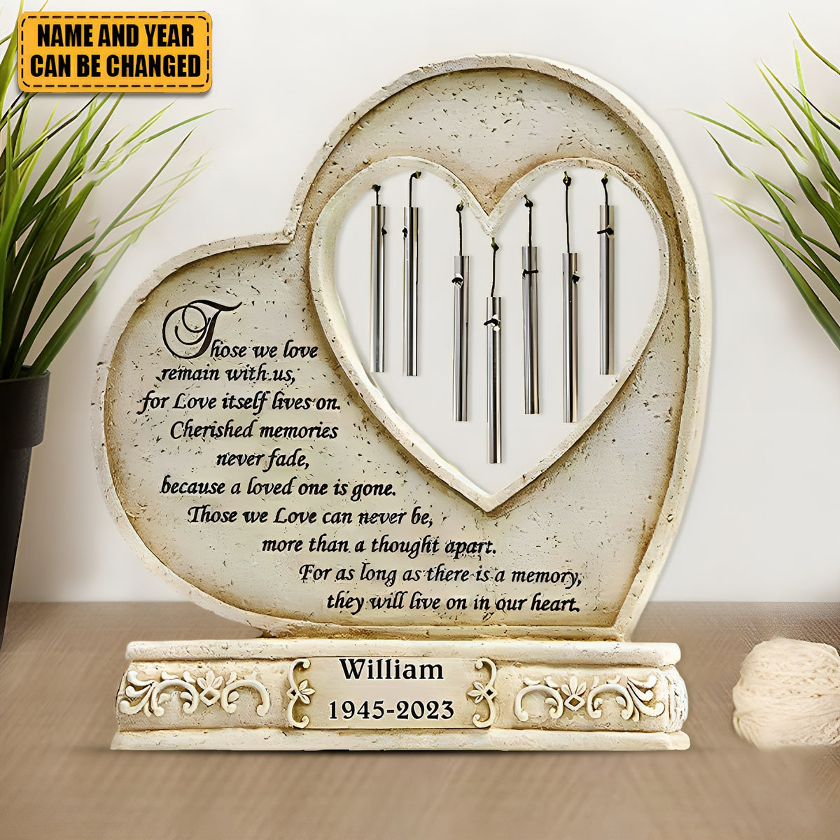 They'll Live On In Our Hearts Memorial Chime-Personalized Stone With Wind Chimes