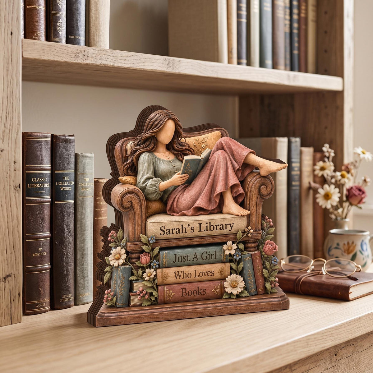 Personalized Book Lover Wooden Block, Custom Name Reading Girl Desk Decor